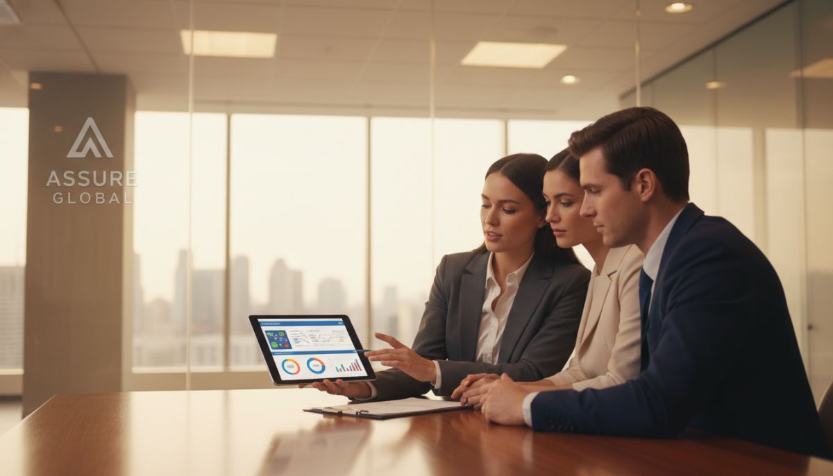 A professional insurance agent sitting in a modern office with glass walls, explaining a digital insurance dashboard on a tablet to a professional couple, warm lighting, high-end corporate photography style.