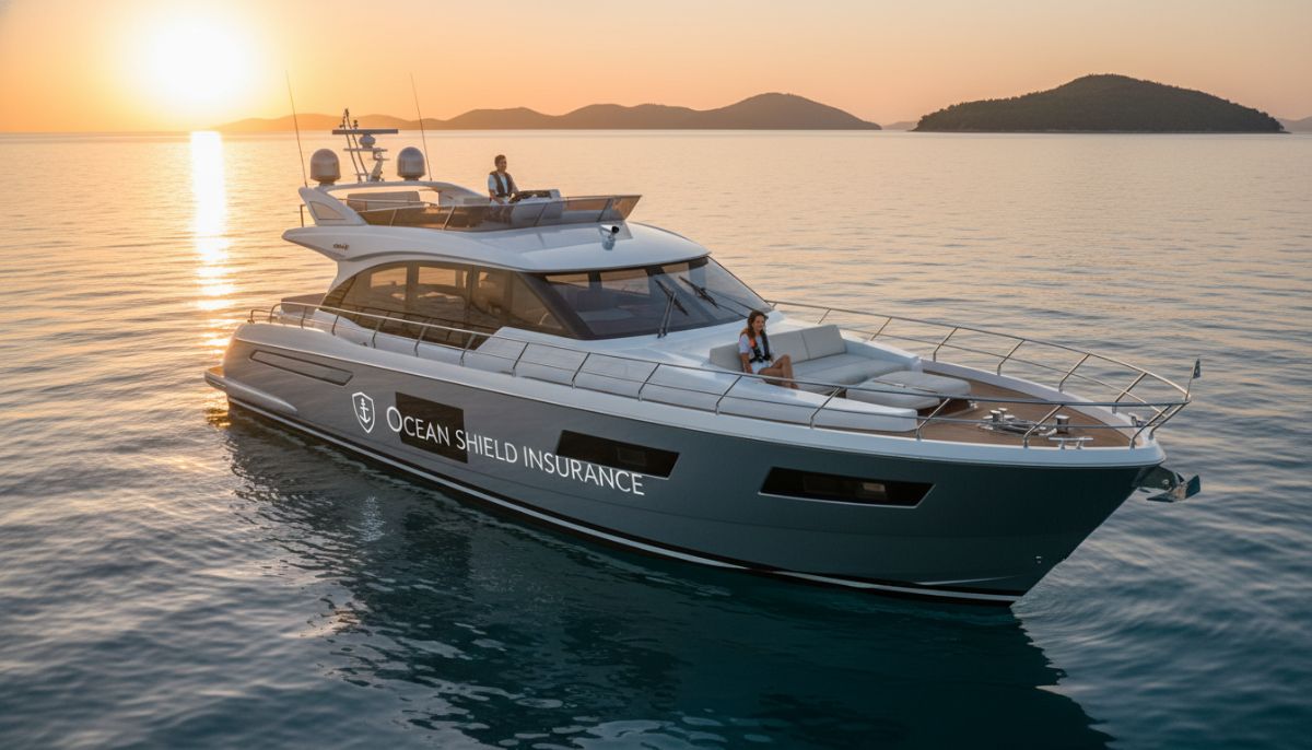 A professional, high-resolution wide shot of a modern luxury motorboat cruising on calm blue water during the golden hour, with a focus on safety and serenity, reflecting high-end insurance protection.