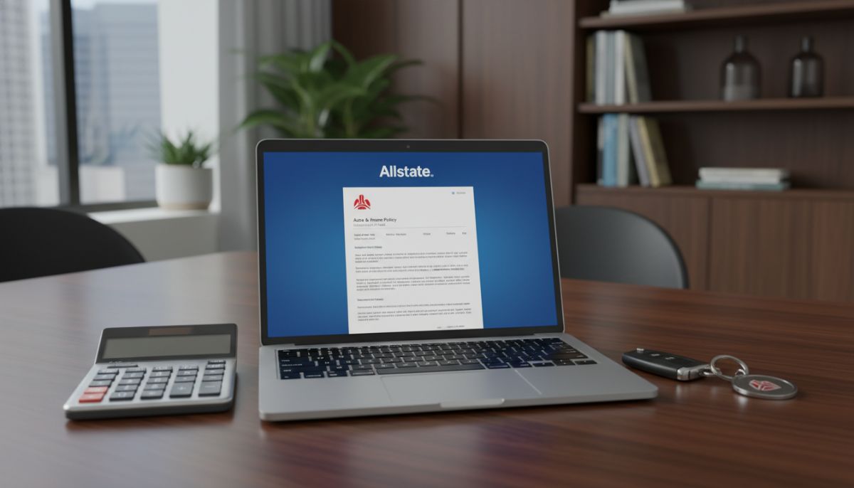 A professional office setting showing a high-end laptop on a wooden desk displaying an Allstate insurance policy document with a calculator and a set of car keys nearby, symbolizing financial planning and automotive security.