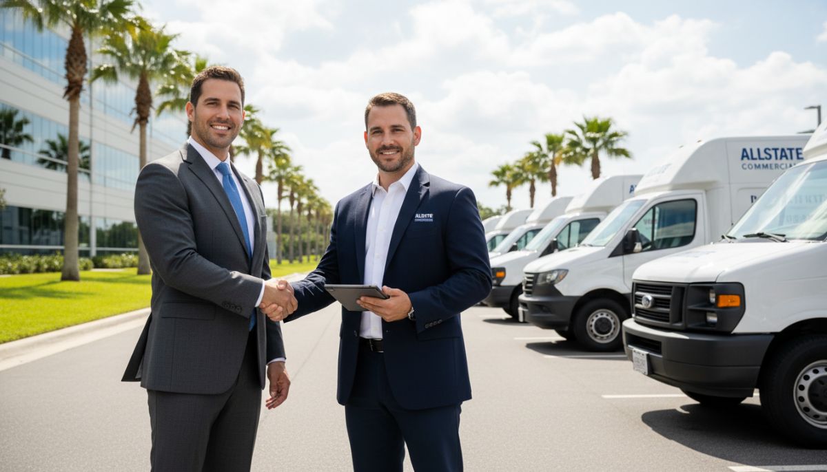 A professional businessman in a suit standing next to a line of branded commercial delivery vans in a clean industrial park, shaking hands with an Allstate insurance agent, high-resolution photography, corporate style.