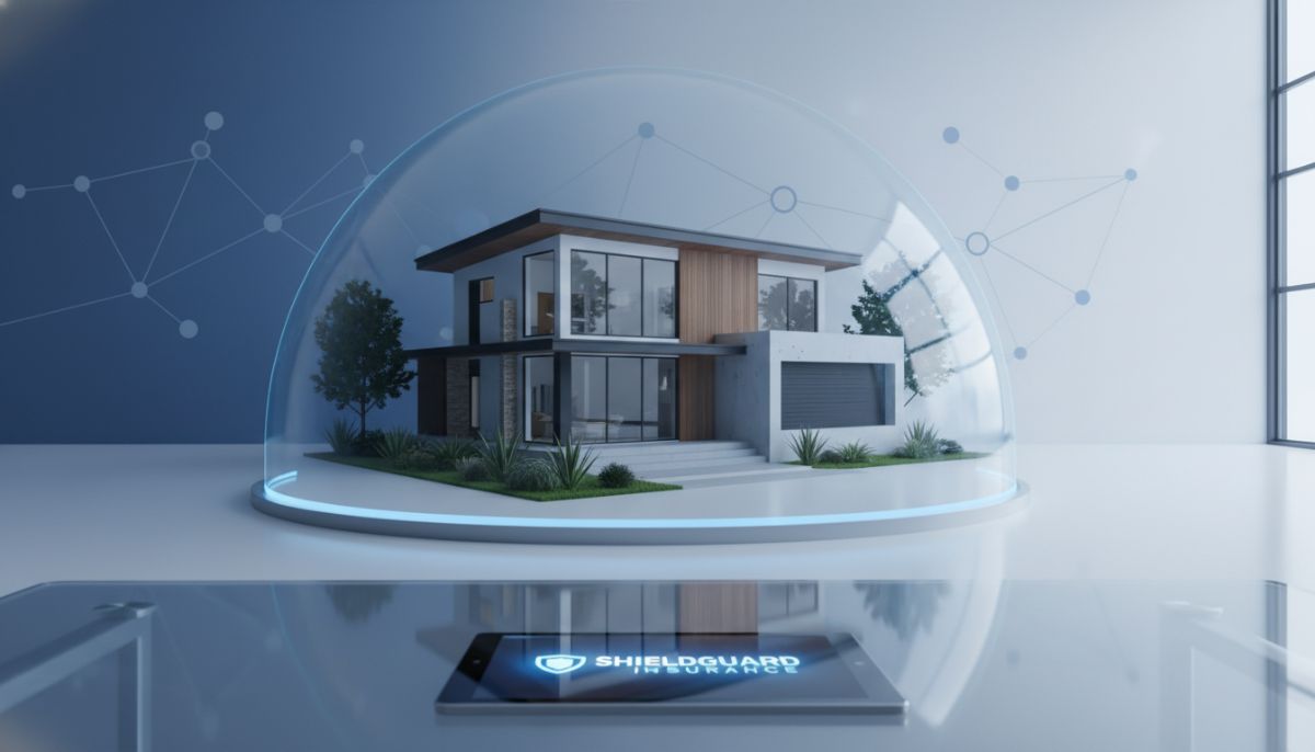 A professional-looking architectural rendering of a modern family home with a transparent protective shield over it, representing insurance coverage. The background is a clean, minimalist office setting with a blue and white color palette consistent with corporate reliability.