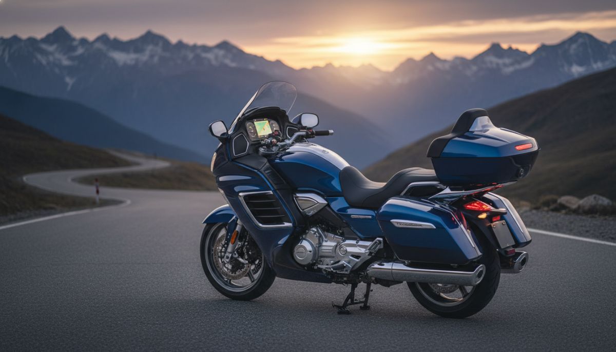 A professional, high-quality photograph of a sleek modern touring motorcycle parked on a scenic mountain road during sunset, with a focus on the details of the bike and a blurred background, symbolizing safety and luxury.