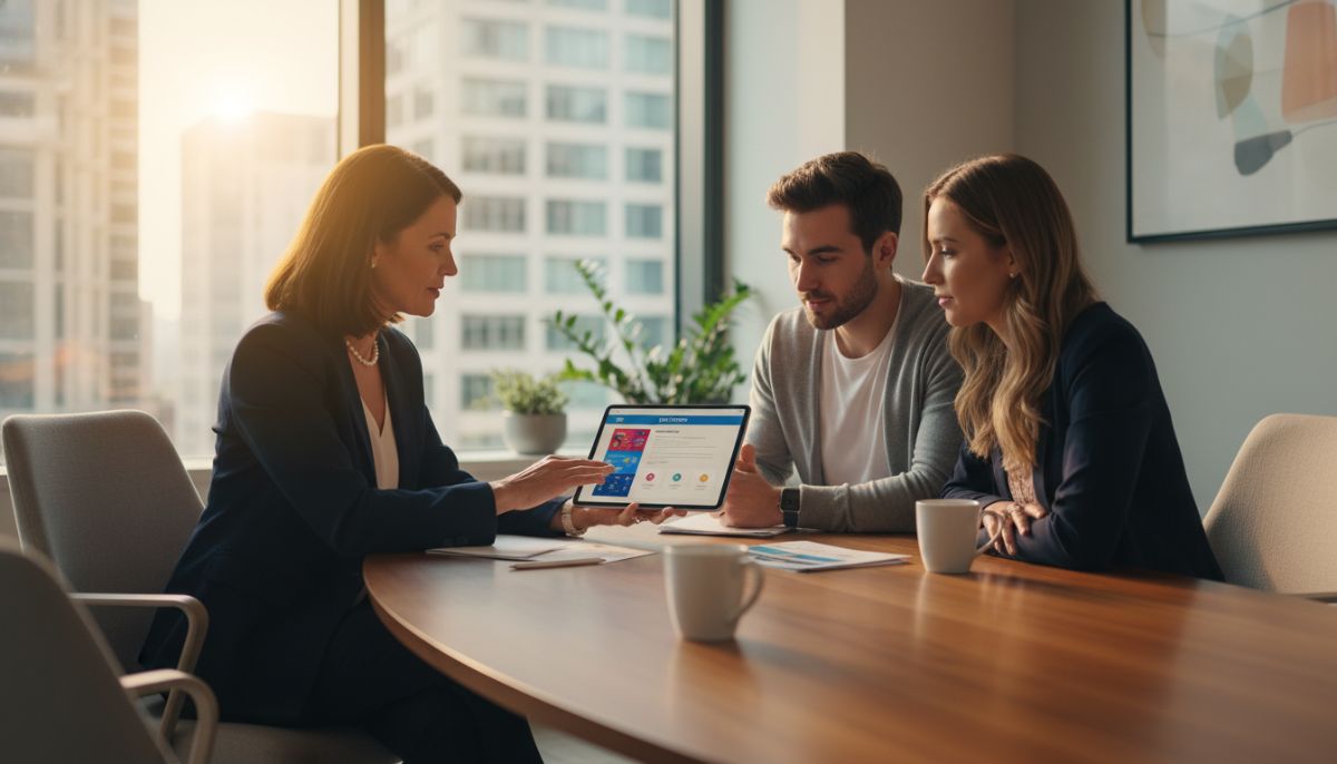 A professional insurance agent in a modern office setting sitting across from a young couple, discussing policy options on a tablet screen, high-quality professional photography, warm lighting