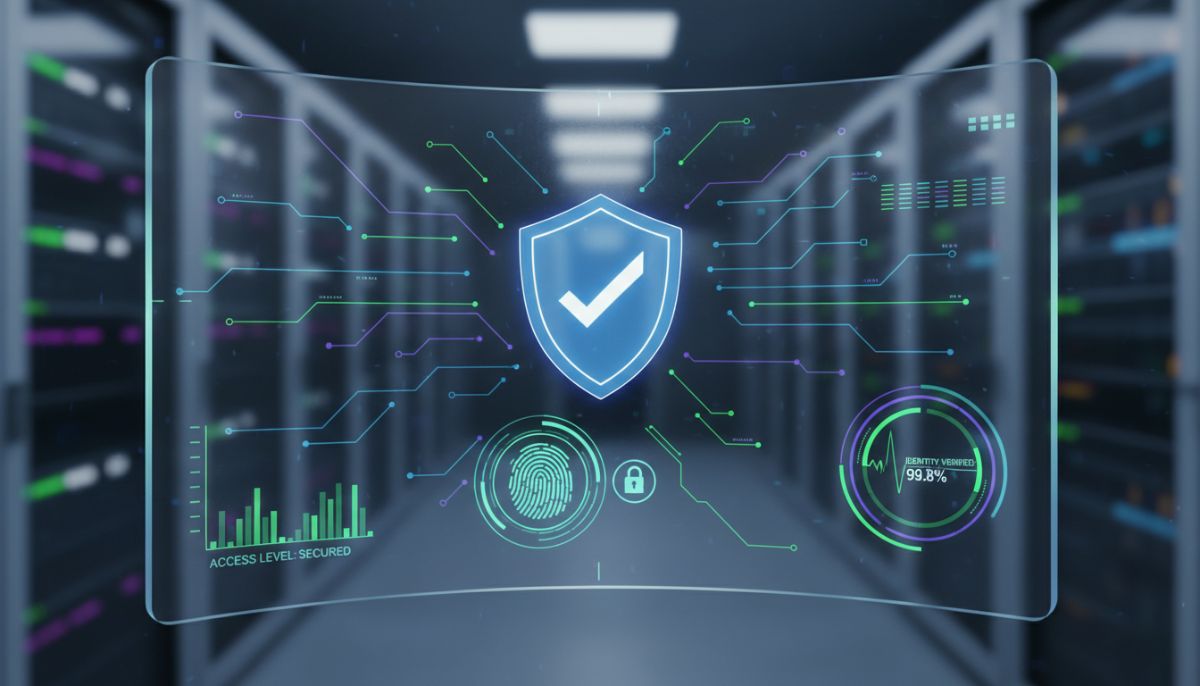 A professional digital interface showing a secure shield icon over a clean, modern dashboard with glowing data encryption symbols and a biometric fingerprint scanner, representing high-tech identity security.