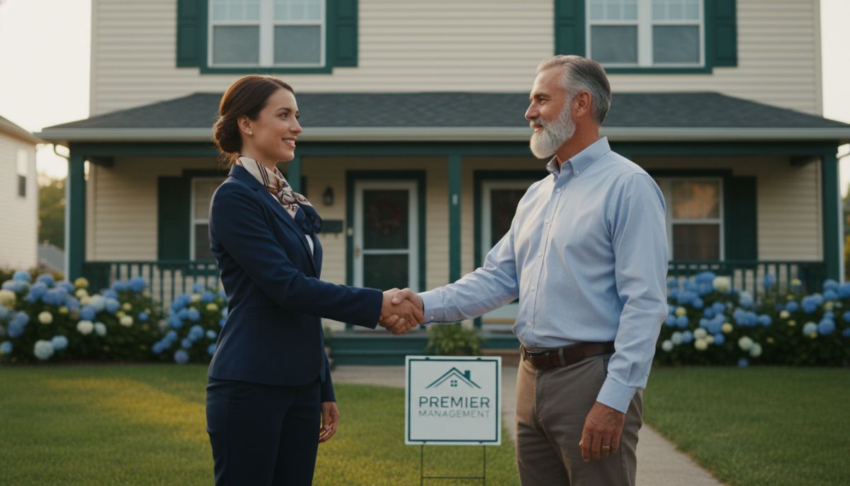 A professional real estate agent shaking hands with a property owner in front of a well-maintained duplex, representing a secure and professional landlord-tenant relationship, sharp focus, 4k resolution.