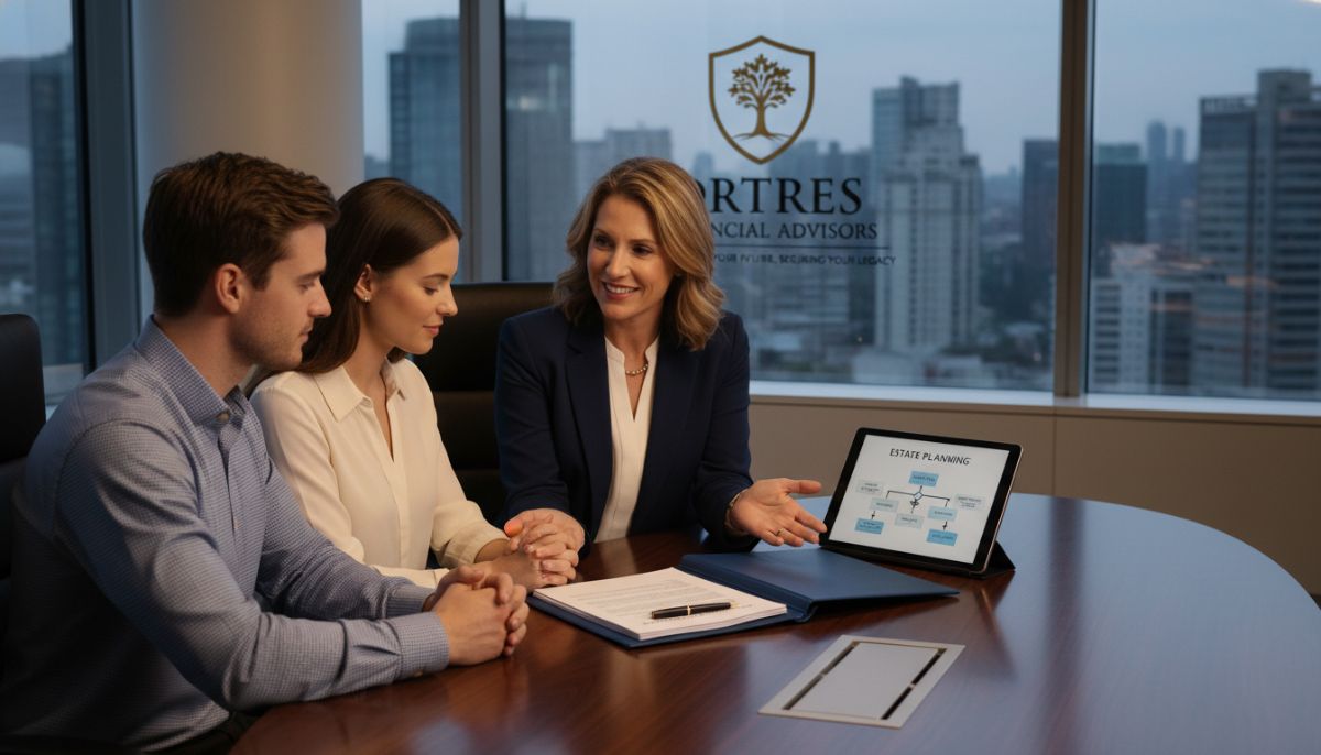 A professional financial advisor in a modern office, sitting across from a young couple, reviewing life insurance policy documents with a focus on trust and security.