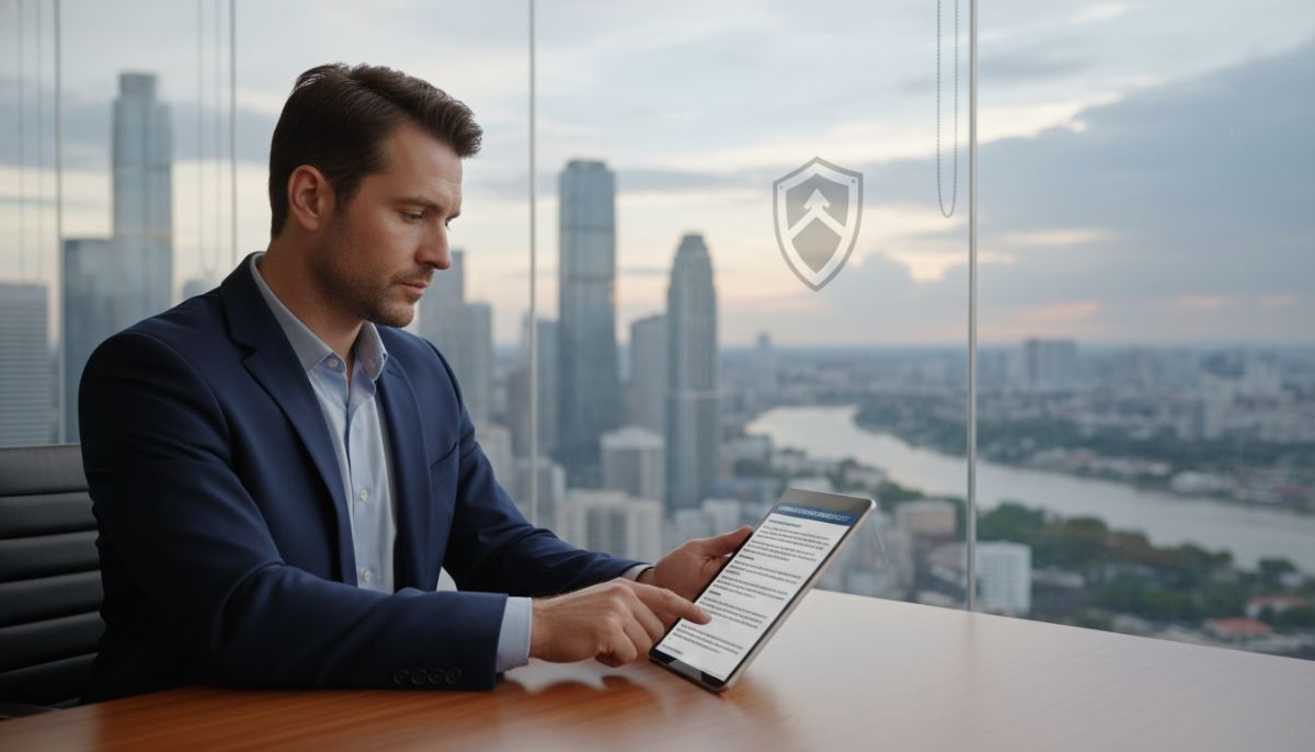 A professional business consultant reviewing a detailed insurance policy document on a digital tablet in a modern glass-walled office, with a subtle city skyline in the background, symbolizing corporate security and foresight.