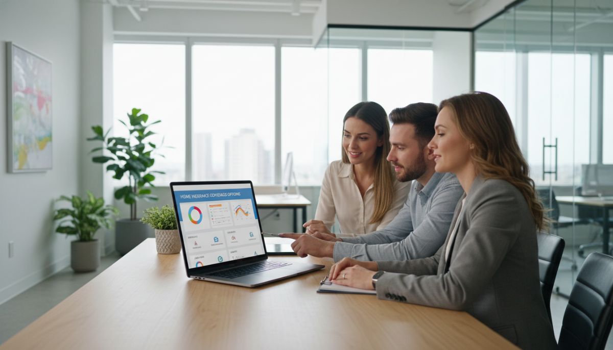 A professional insurance agent sitting at a desk with a laptop, showing a digital dashboard of home insurance coverage options to a young couple in a modern office setting, soft natural lighting, high resolution, realistic style.