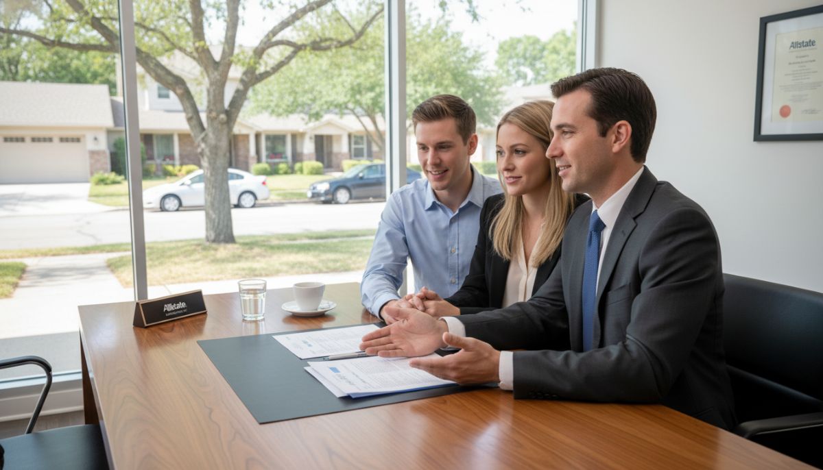 A professional Allstate insurance agent in a professional suit sitting in a modern glass-walled office, explaining a policy document to a young couple. The office has a view of a clean suburban street, and there is a sense of trust and clarity in the interaction.